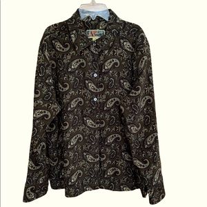 La Cabana olive green all over paisley long sleeve button down shirt women XXL